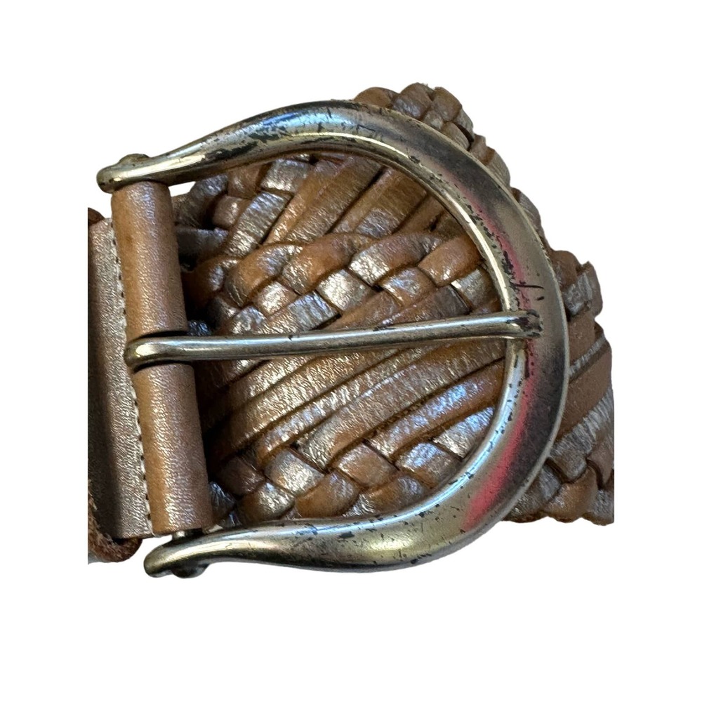 Linea Pelle Tan Silver Gold Metallic Braided Leather Belt sz M 41" - Picture 3 of 11